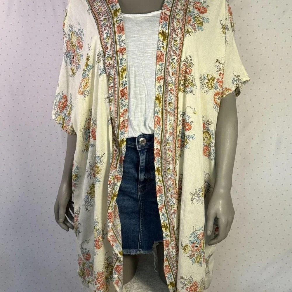 Angie Boho Cream Floral Rayon Kimono Duster Festival L Cottagecore Cardigan‎